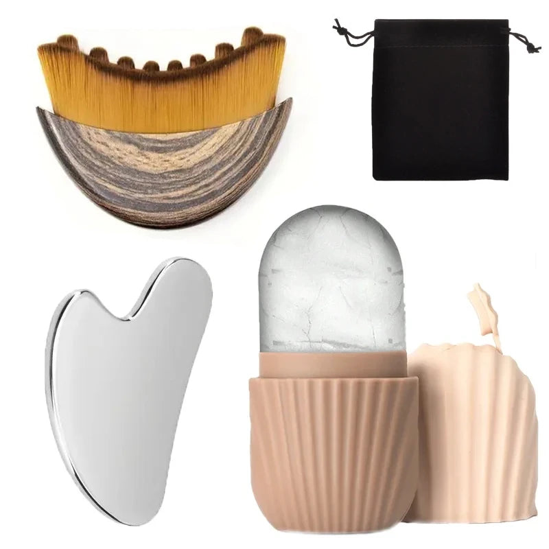 4/1Pcs Stainless Steel Gua Sha Board Ice Face Roller Lymphatic Drainage Face Brush Set Facial Massage Kit Beauty Skin Care Tools