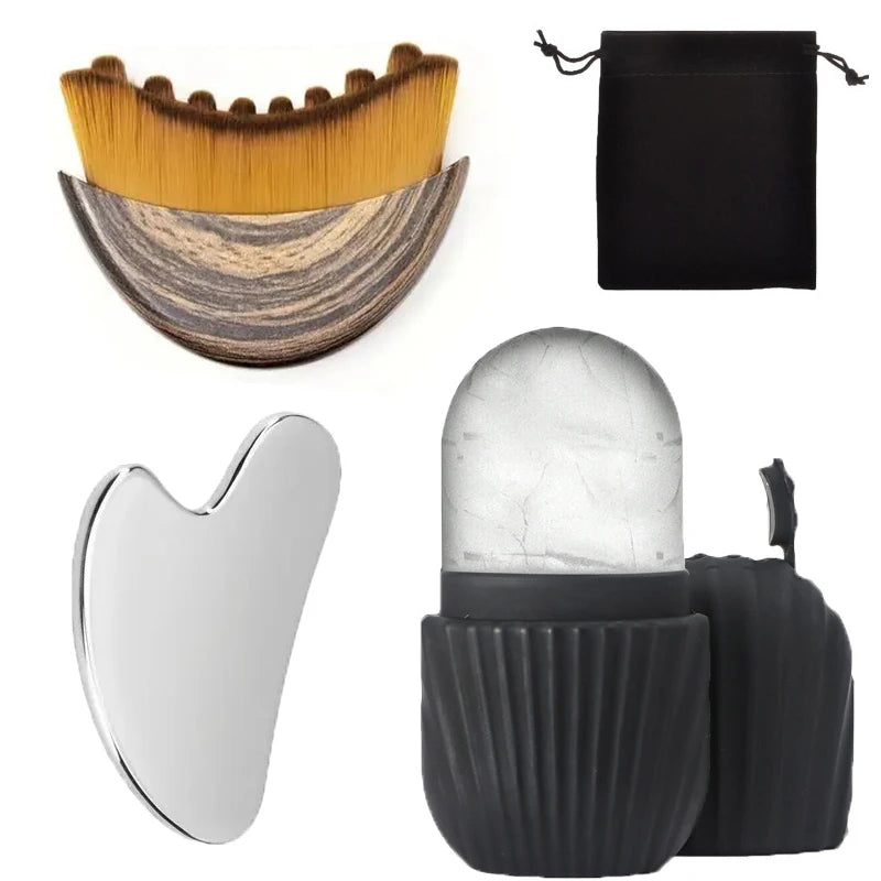 4/1Pcs Stainless Steel Gua Sha Board Ice Face Roller Lymphatic Drainage Face Brush Set Facial Massage Kit Beauty Skin Care Tools