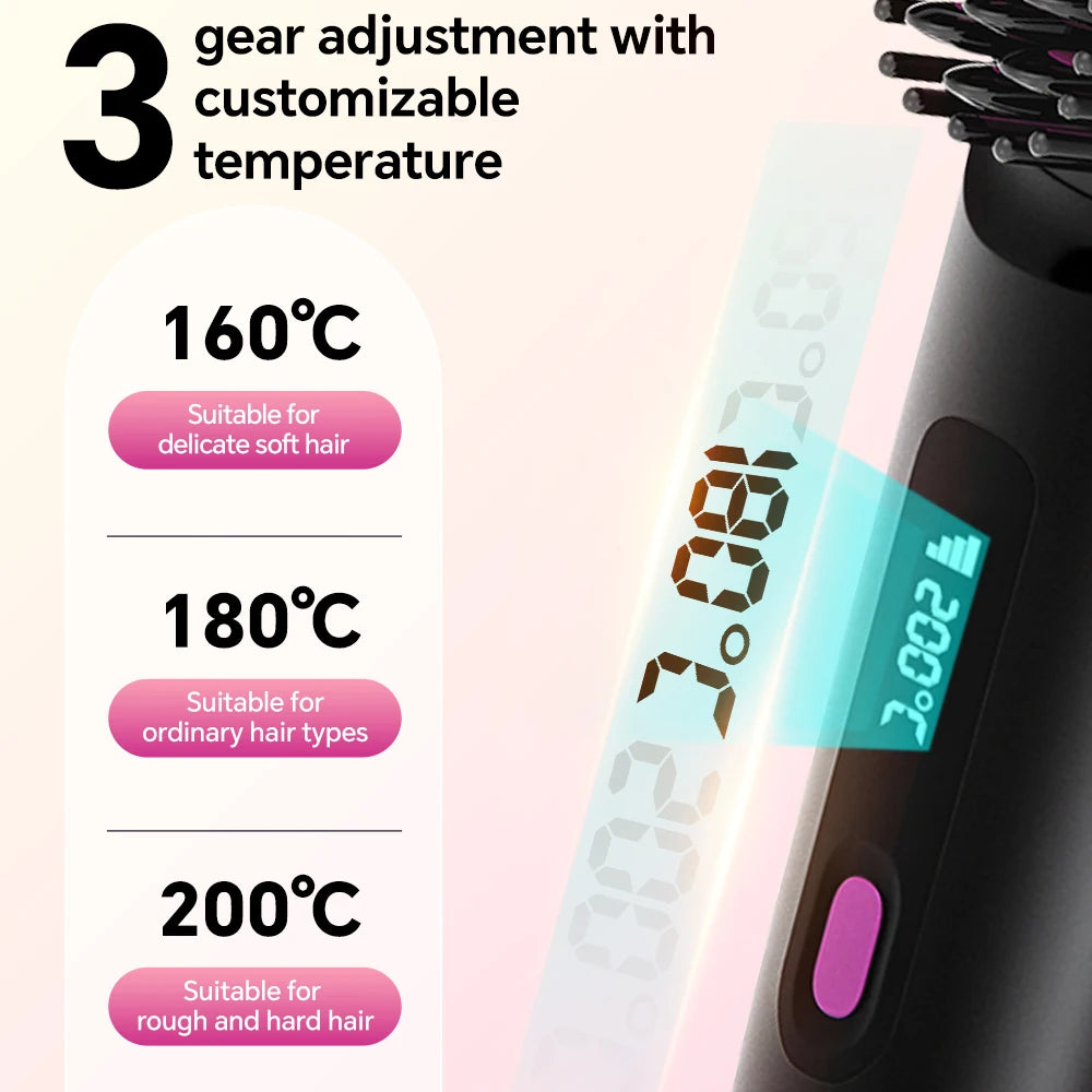 Hair Straightener Brush with 3 Temp Settings, Fast Heating & Auto-off, Portable Rechargeable Ionic Straightening Comb for Women