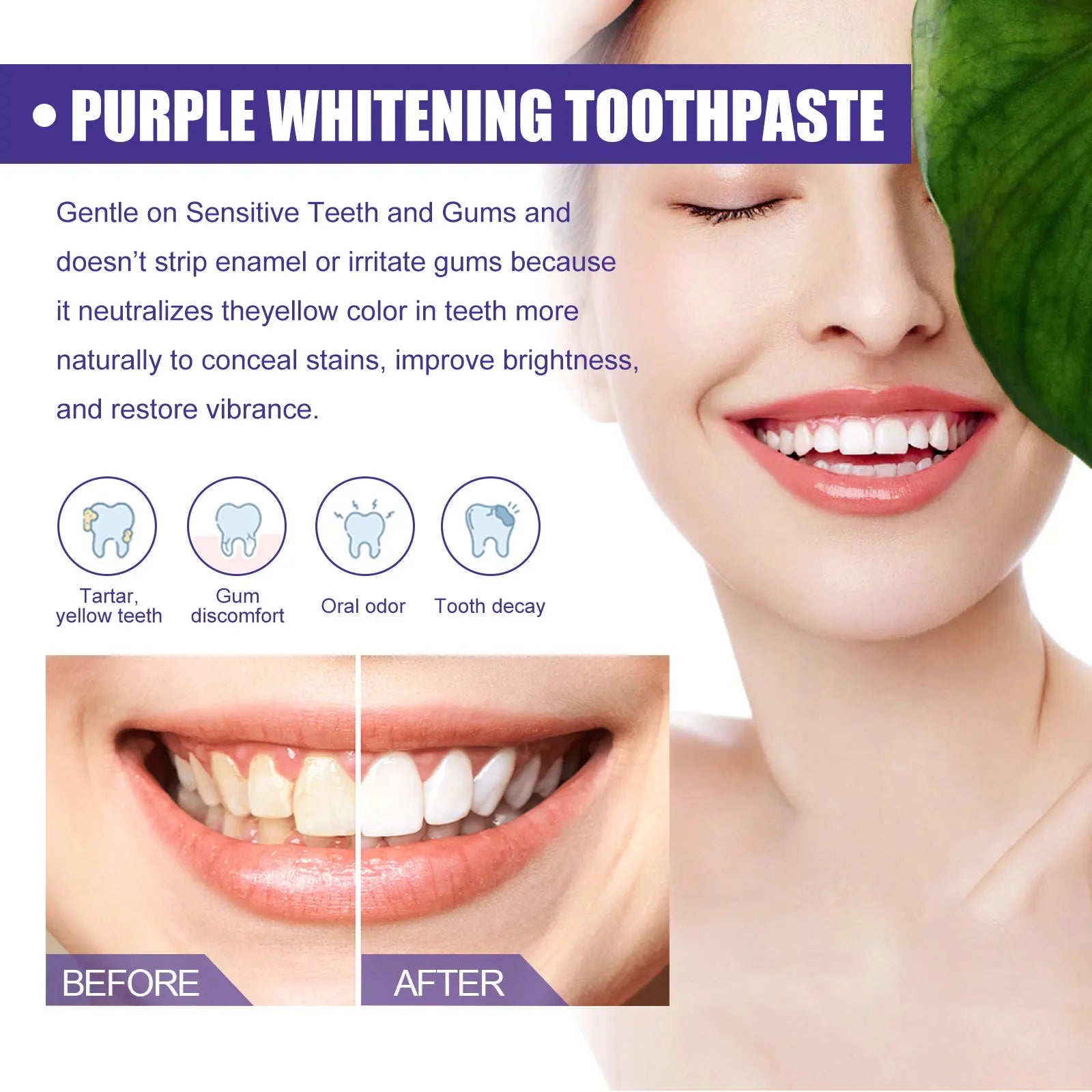 Purple Whitening Toothpaste Effectively Removing Dental Plaques and Yellow Stains Inhibit Bacteria Growth Oral Care Toothpaste