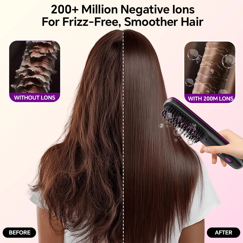 Hair Straightener Brush with 3 Temp Settings, Fast Heating & Auto-off, Portable Rechargeable Ionic Straightening Comb for Women
