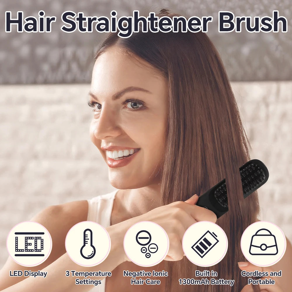 Hair Straightener Brush with 3 Temp Settings, Fast Heating & Auto-off, Portable Rechargeable Ionic Straightening Comb for Women