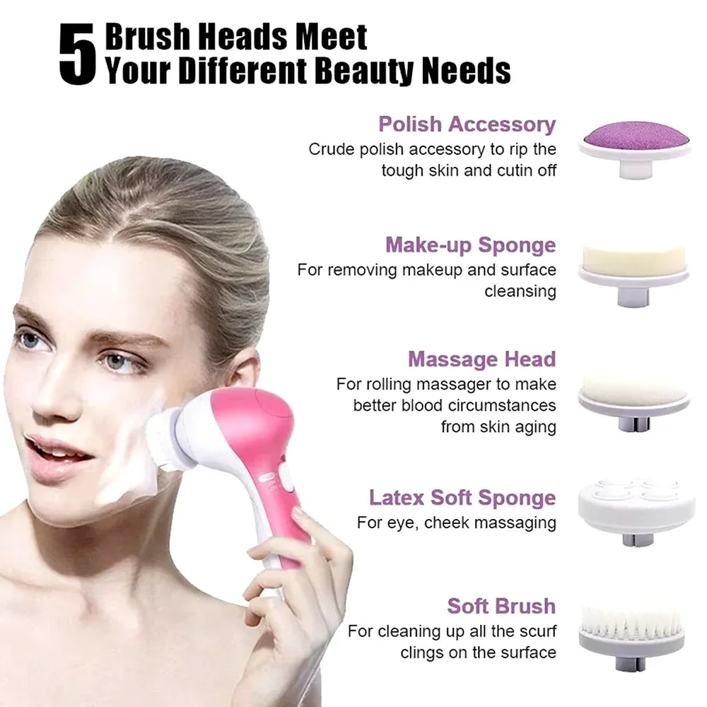 Electric 5-in-1 Facial Cleansing Brush, Multi-functional Rotating Massage Pore Cleansing Beauty Device Pore Cleaner